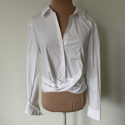 Veronica Beard Veroy Cropped Twisted White Poplin Button Down Shirt EUC Size 2