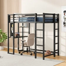 Twin/Full Size Metal Loft Bed Frame with Desk & Storage Shelves for Teens Black