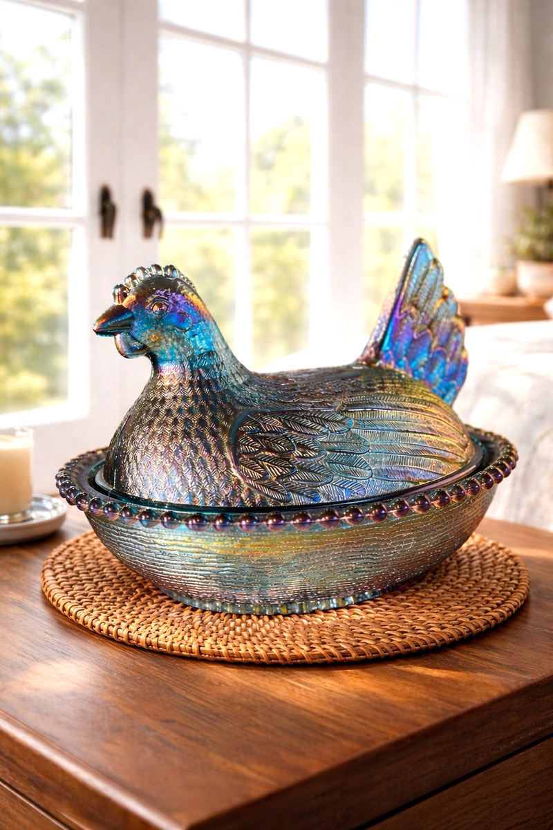 ビンテージ インディアナゴールド ウランガラス チキン VTG RARE Indiana Glass Hen Bicentennial Blue 7