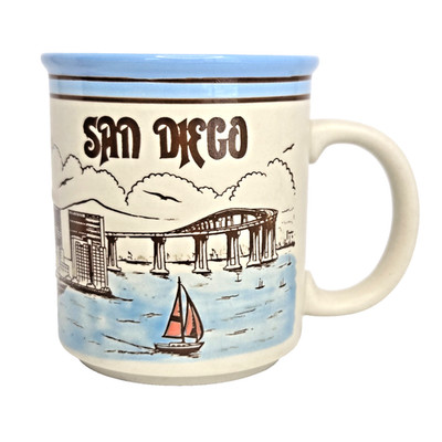 San Diego Mission Coffee Mug Embossed Ceramic Souvenir Tea Cup Blue Interior