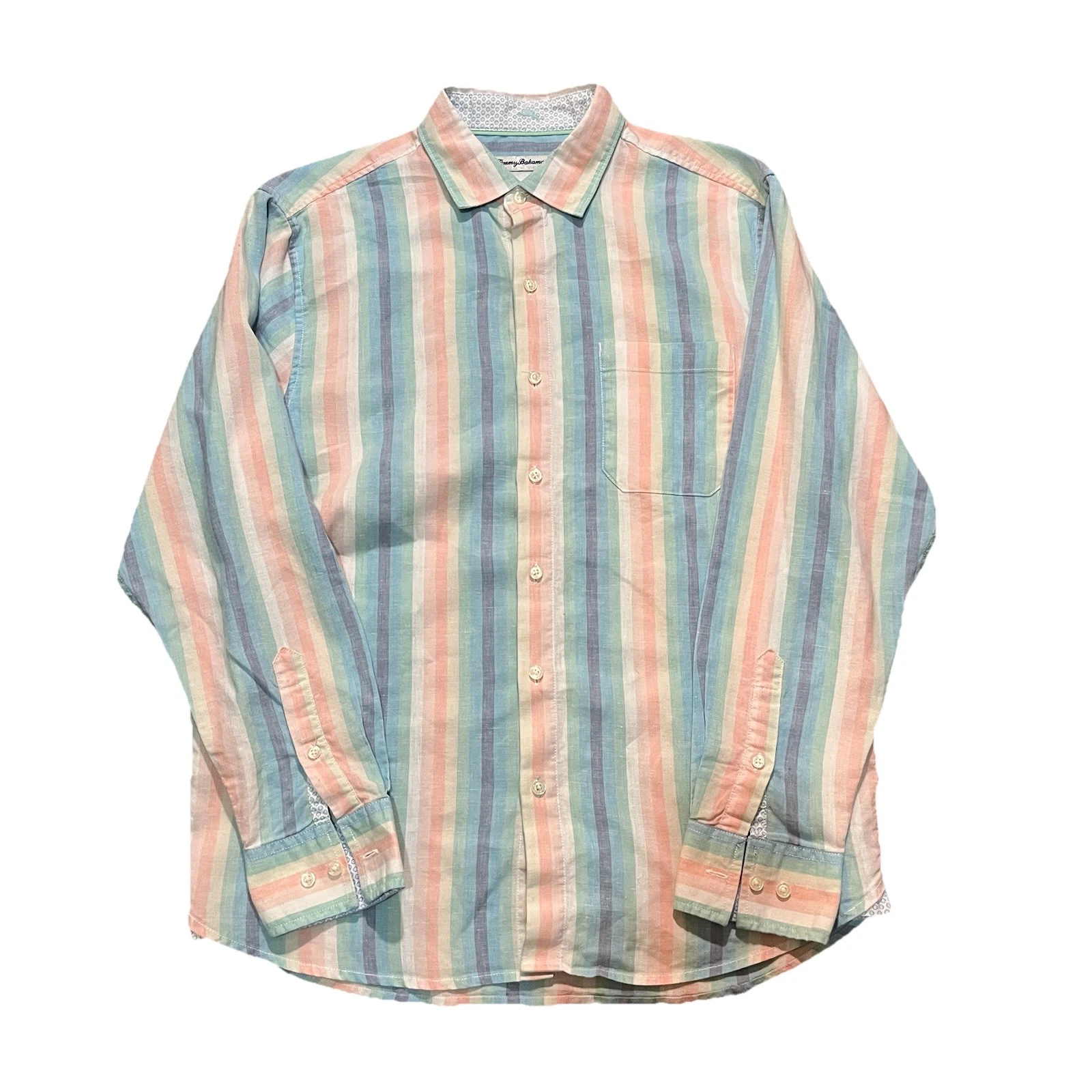Tommy Bahama Shirt Mens Medium Linen Multicolor Striped Button Up Casual
