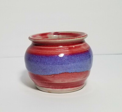 Hand Thrown Planter Burning Pottery Seattle Washington 5'' Red Blue Glazed Clay. 
