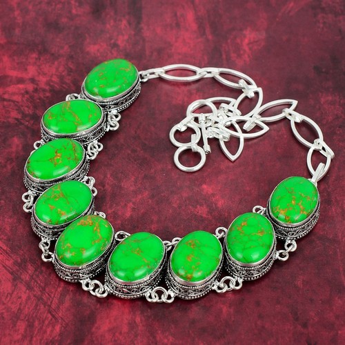 Green Copper Turquoise Gemstone Handmade 925 Sterling Silver Jewelry Necklace - Picture 3 of 6