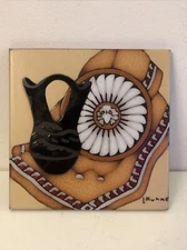 Vtg 1990 Earthtones Hand Decorated Embossed Wall Art Trivet Tile Signed L Kuhne