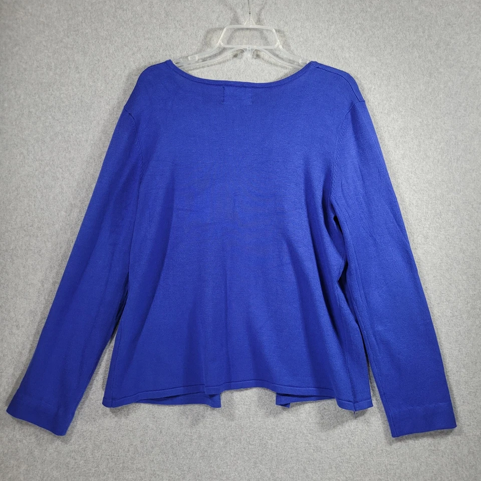 Cardigã feminino Debbie Morgan XL azul mistura de rayon cravejado manga longa gancho e olho - Imagem 2 de 4