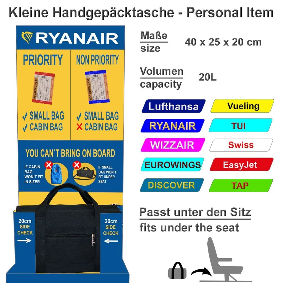 Robuste Ryanair Reisetasche 40x20x25 cm Handgepäck Boardgepäck Flugzeug EasyJet - Bild 2 von 4