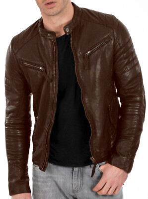 Cafe Racer  Leather Jacket Soft Real Sheep Napa Leather Biker Style