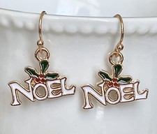 Gold and White Noel Dangle Earrings. Merry Christmas
