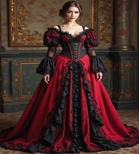 Vintage Black/Red Gothic Evening Dress Medieval Renaissance Victorian Prom Dress