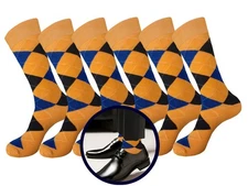 6 Pair Diamond Argyle MUSTARD ROYAL BLUE COTTON Dress Socks 10-13