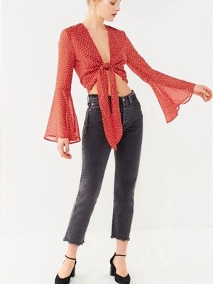 Urban Outfitters Rusty Red Stars Print Tie-Front Bell Sleeve Crop top. Rave boho
