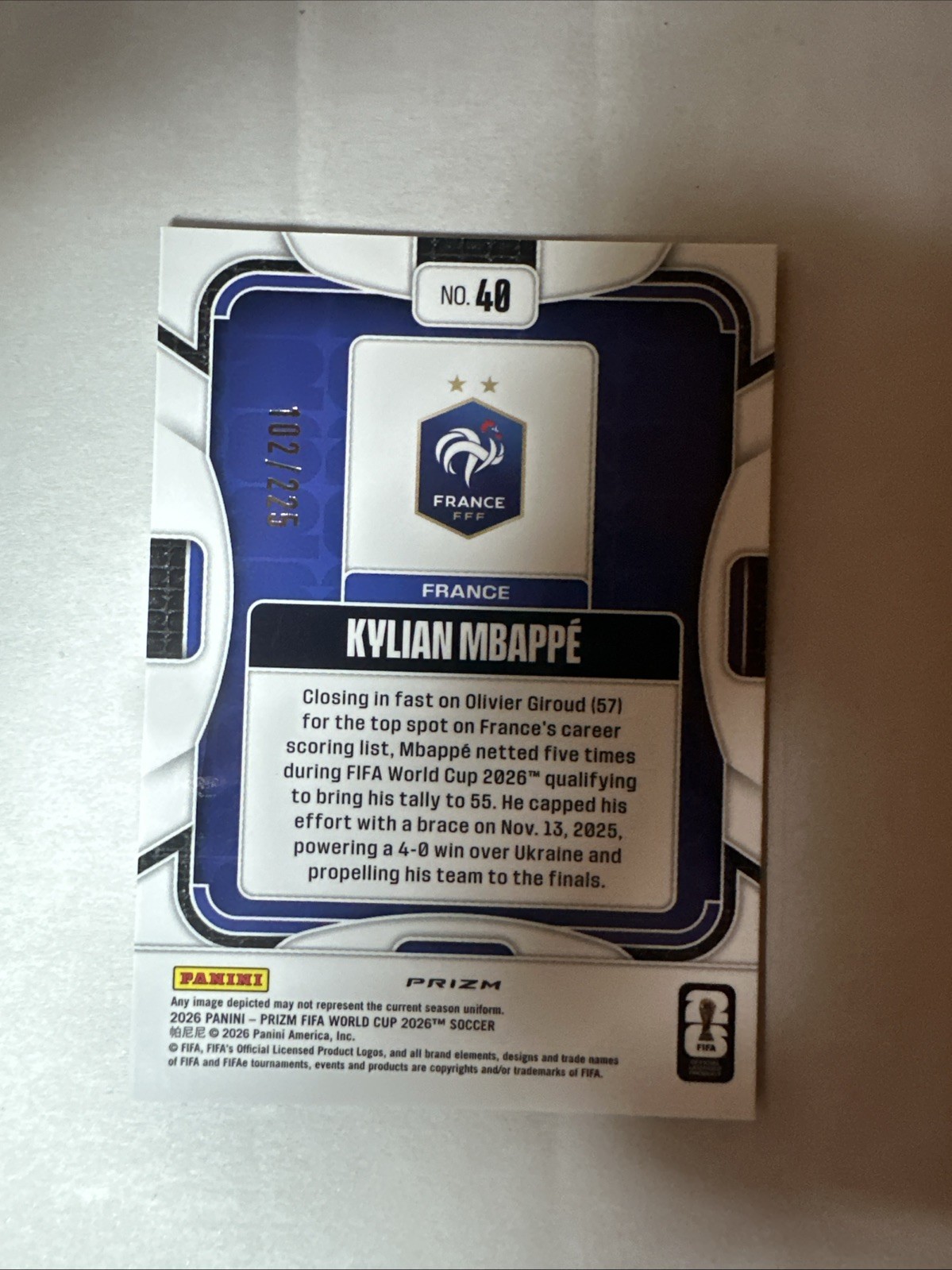 KYLIAN MBAPPE 2026 PANINI PRIZM FIFA WORLD CUP COLOR MATCH #/225 #40 FRANCE view 2