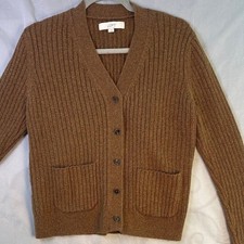 LOFT Women's Brown Ribbed Knit Button Front Cardigan Sweater Pockets Size L