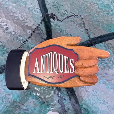 Vintage 3D Carved Wooden Hanging Hand With Pointing Finger Antiques Sign 13 x7 