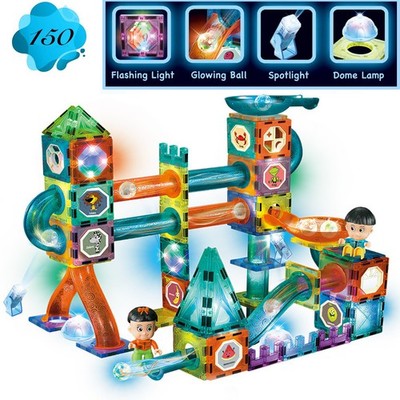 Glowing Magnetic Marble Run Glow in The Dark 150 Magnetic Tiles Building Blocks