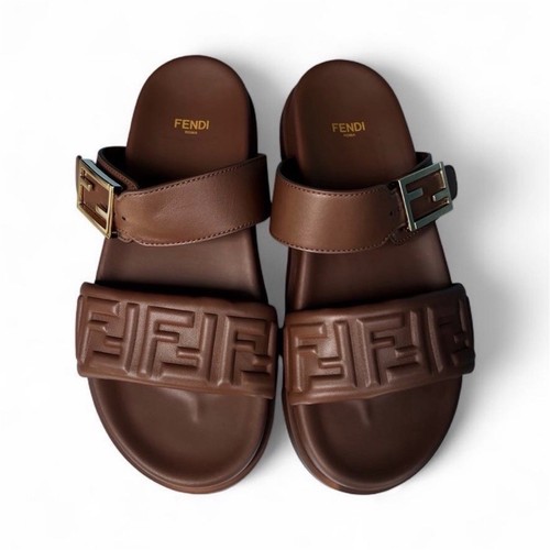 FENDI Women’s Brown Solid FF Logo Buckle Strap Flat Slide Sandals