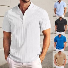 Men Striped Henley Grandad T Shirts Summer Short Sleeve Casual Tee Shirt Tops