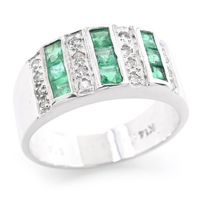 0.9ct Natural Emerald Diamond Ring K14WG 14K White Gold Size 6.5 Stripe Design