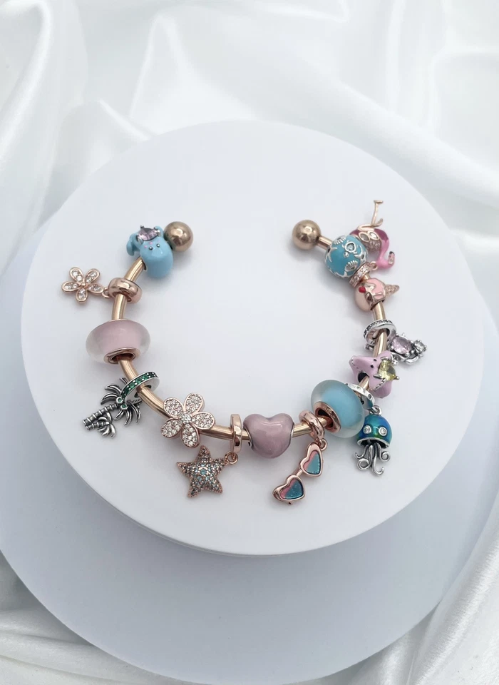 Linx Rose Gold Open Bangle with Pink and Blue Themed Charms - Image 4 of 4