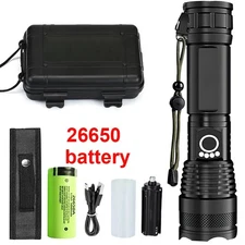 High Power Tactical Flashlight USB-C Rechargeable Zoom LED Torch 26650 Battery