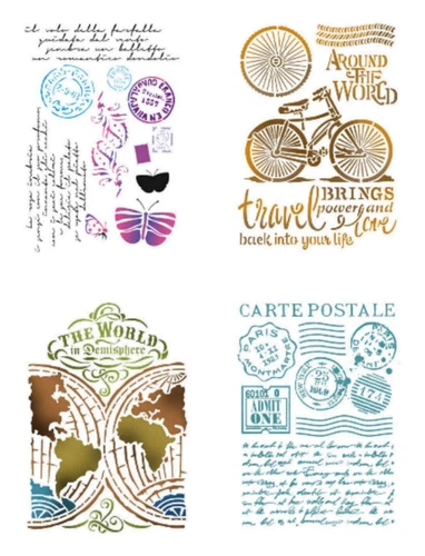 1 Schablone REISE Travel World Postkarte A4 Stencil für Textil Wand STAMPERIA