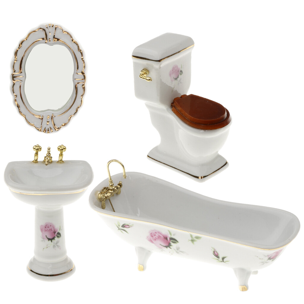 1/12 Dollhouse Miniature Bathroom Furniture Kits Flower Bathtub and