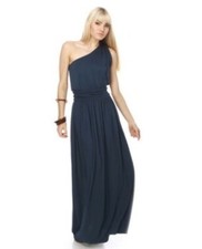 One-Shoulder Navy Blue Maxi Dress - Draped Fit Elegant Evening Gown Womens sz M