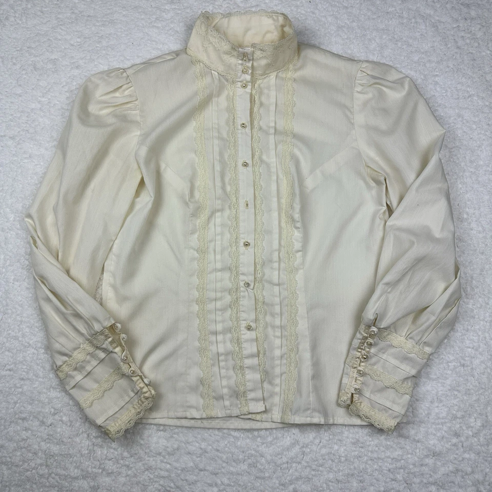 Vtg Handmade Ivory High Neck Blouse Lace Long Sleeve Button Back 18x22.5”