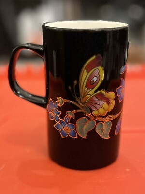 Dunoon Ceramics Scotland Tall Mug HAWAII Yellow Butterflies Black Gold 14oz