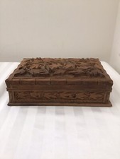 Vintage Hand Carved Wooden Keepsake Jewelry Trinket Box Leaf Pattern