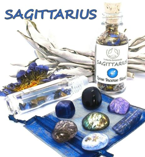Ensemble cadeau zodiaque Sagittaire - bouteille à rouleaux + cristaux + encens astrologie Wicca - Photo 1 sur 7