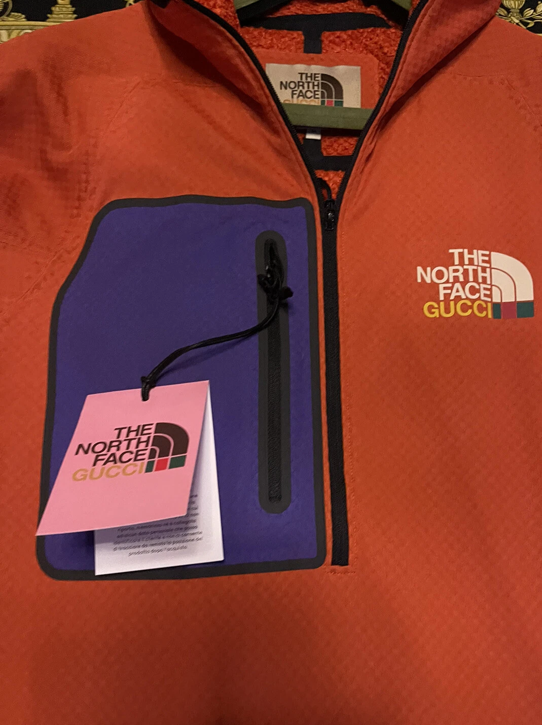 Nuova giacca con cappuccio pullover 100% autentica Gucci x The North Face arancione pile L