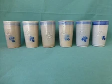 Six Vintage 1989 Rowe Pottery Works Blue Decorated Stoneware Tumblers
