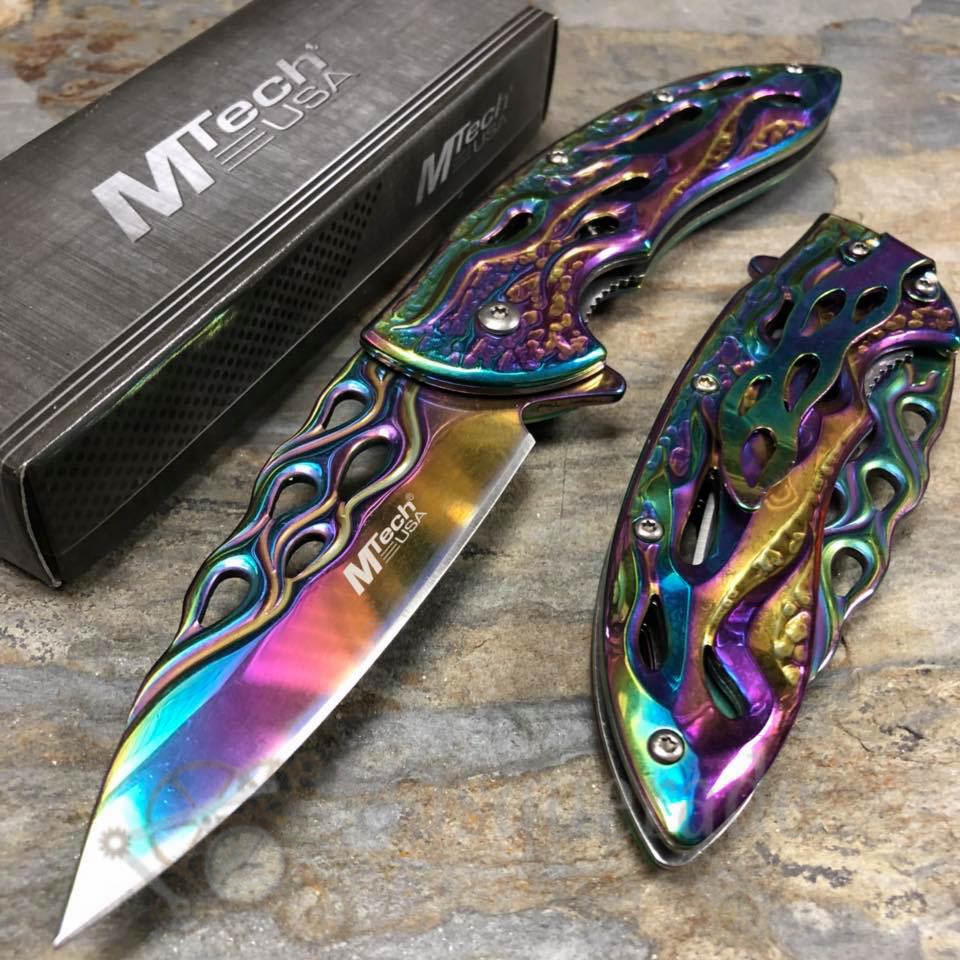 Mtech Rainbow Flame Assisted Linerlock Folding Pocket Knife