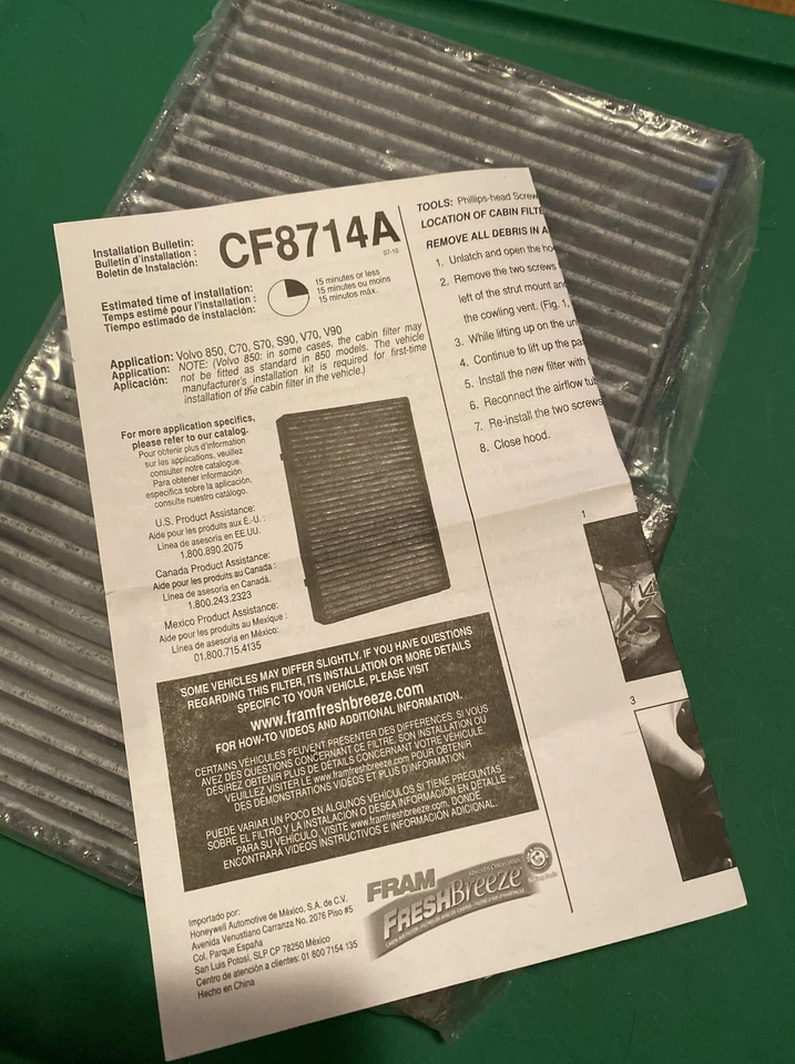 Filtro de aire de cabina FRAM CF8714A Fresh Breeze para Volvo 850 C70 S70 S90 V70 V90 Foto 2 de 2