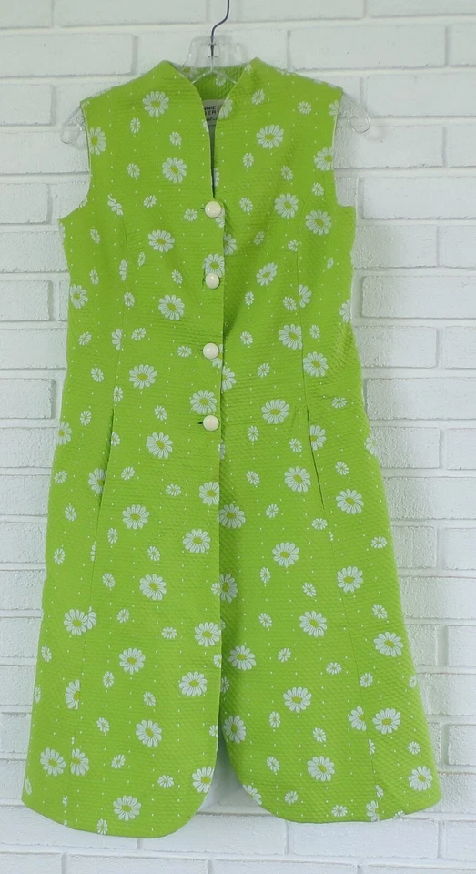 Vintage CONNIE UNGER Asian Style Dress Sheath Tunic Green/ Daisy - Image 2 of 4
