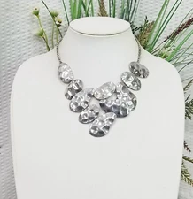 New! Silver Tone Freeform Disk Triangular Bib & Curb Chain Link Choker Necklace