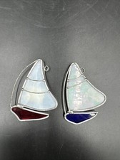 2 Vintage Stained Glass Sail Boat Sun Catcher Blue And Red Hanging