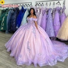 Quinceanera Dresses Off Shoulder Lace 3D Flowers Lilac Prom Ball Gowns Sweet 15