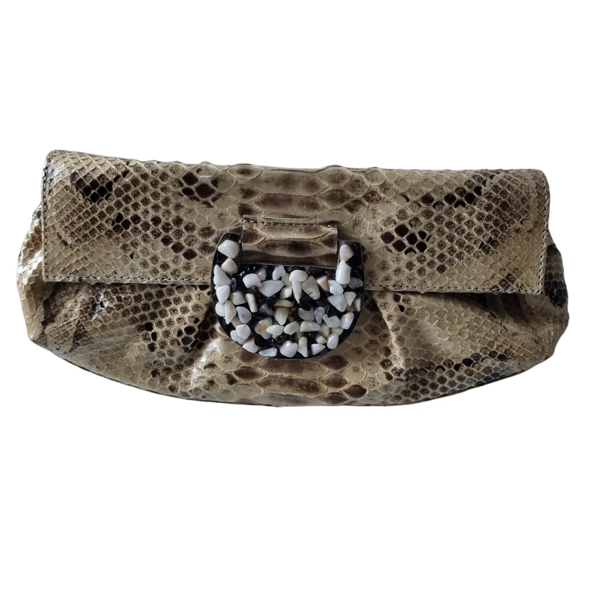Snakeskin Clutch Purse Handbag Stone Shell Clasp Envelope Snake Skin Wallet Gold