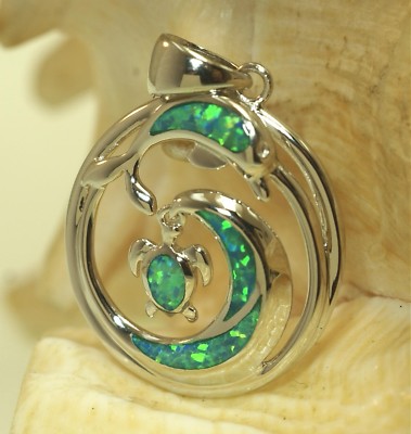 22MM RHODIUM 925 SILVER GREEN OPAL HAWAIIAN OCEAN WAVE DOLPHIN TURTLE PENDANT
