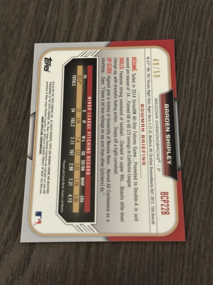 Tarjeta Braden Shipley 2015 Bowman Chrome Prospects Gold Refractor/50 #BCP228 Foto 2 de 2