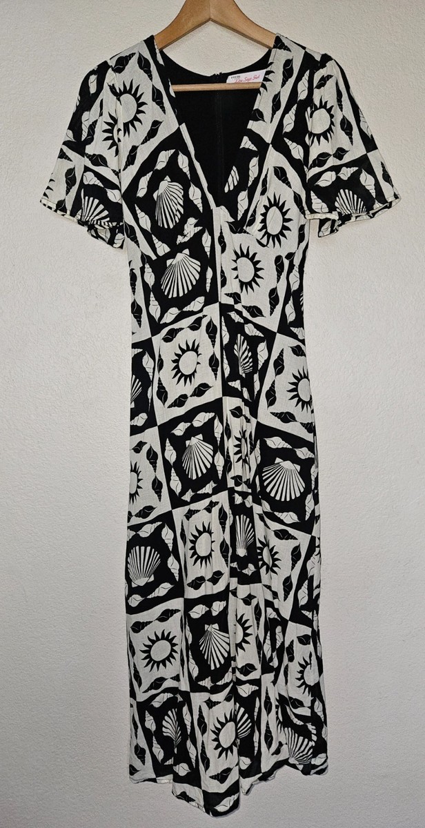 Lisa Says Gah Grace Midi Dress XS Warm Sun Black Ivory Seashell Print USA  Made | eBay