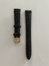 Genuine Leather Ladies 14mm Watch Strap, Black, Gold Buckle
