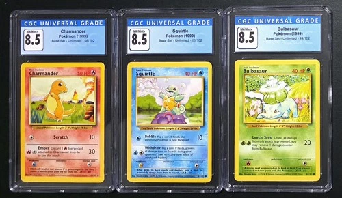 1999 Pokemon Base Unlimited CGC 8.5 Bulbasaur Charmander Squirtle Starter Set