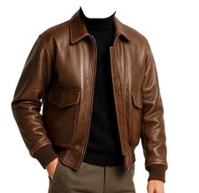 Men's Genuine Cow Leather Brown Bomber Biker Jacket Classic Flight Aviator Coat