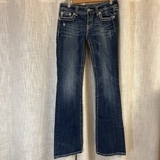 Miss Me Women  s 28 Bling Embroidered Low Rise Boot Jeans JE5189B4L Distressed