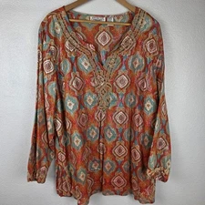 Womans Boho Luxe 3X Metallic Beaded Pesant Popover Blouse Earthy Festival Resort