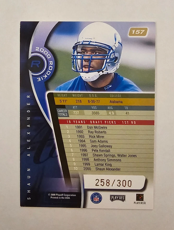 2000 Playoff Absolute - 2000 Rookie Shaun Alexander #157 Coaches Honors 258/300. - Image 2 of 2