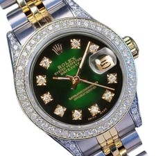 Rolex Datejust Two-Tone 14KY SS Green Vignette Diamond Dial Bezel Lugs Watch